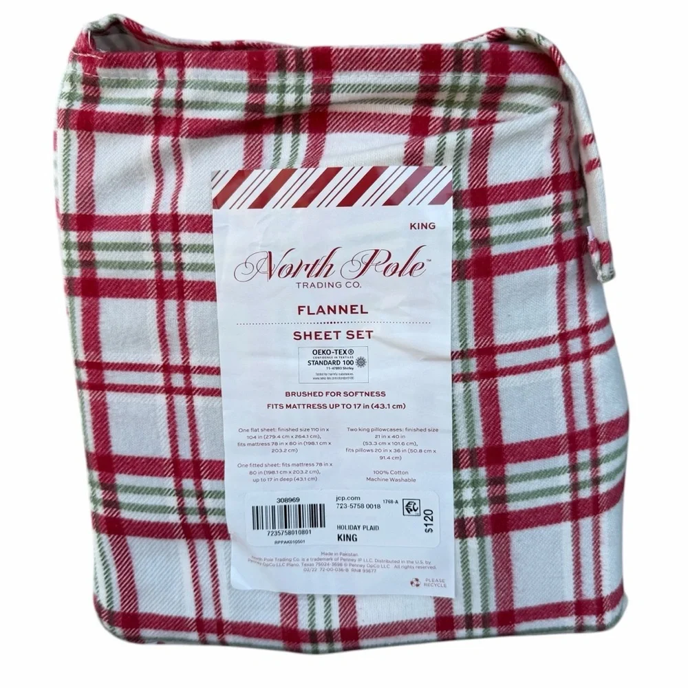 Holiday Plaid Christmas 4-Piece King Flannel Sheet Set North Pole Trading Co NWT